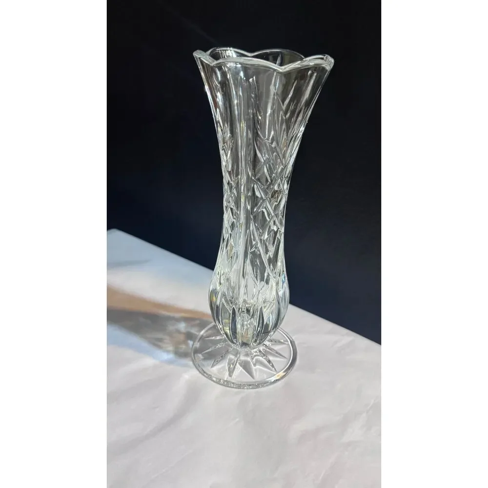 Cut Crystal Vase Clear Glass Flared Rim Starburst Base Vintage Style 8 Inch